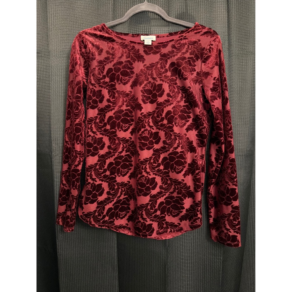 Sundance Women Burgundy Red Burnout Velvet Floral Long Sleeve Top Small